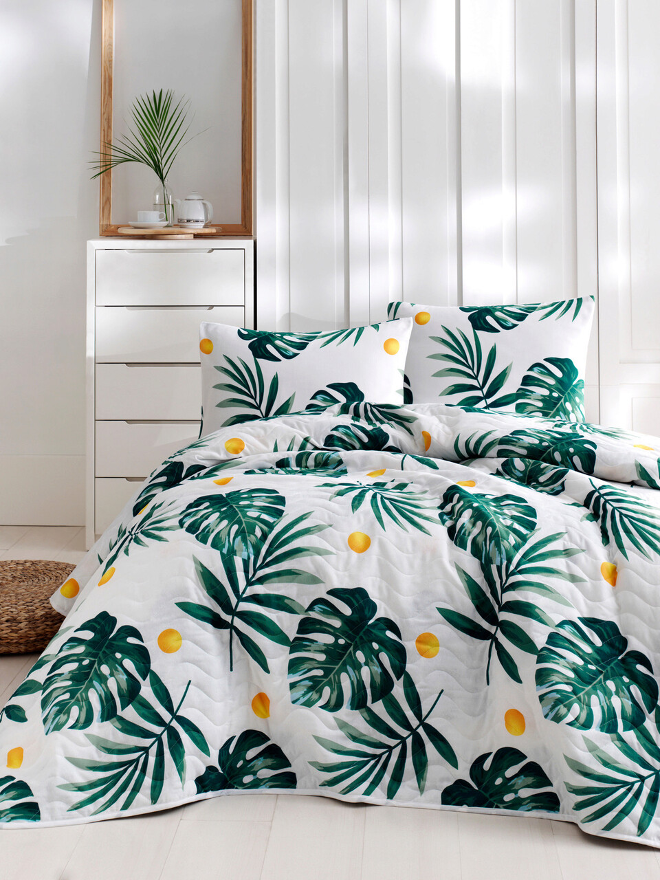 Set cuvertura Single 160x220 cm, 2 piese, L'essentiel Maison, Kapitone Monstera, White / Green / Yellow - imagine 3